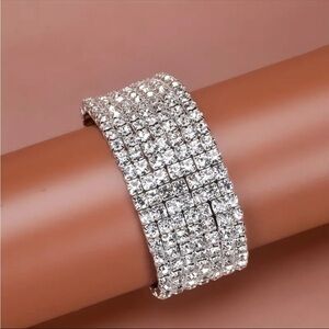 Rhinestone Silver Glam Sparkly Bling Chunky Stretch Bracelet Bridal New